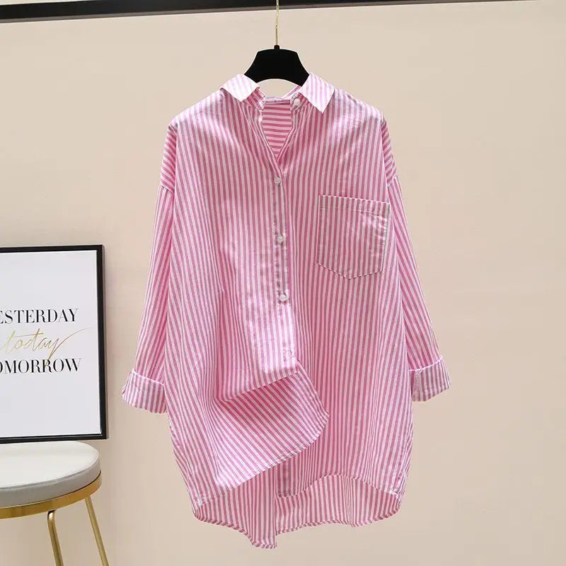 Orange Striped Printed Long-sleeved Shirt for Women, Fashionable