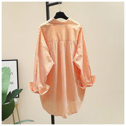Orange Striped Printed Long-sleeved Shirt for Women, Fashionable